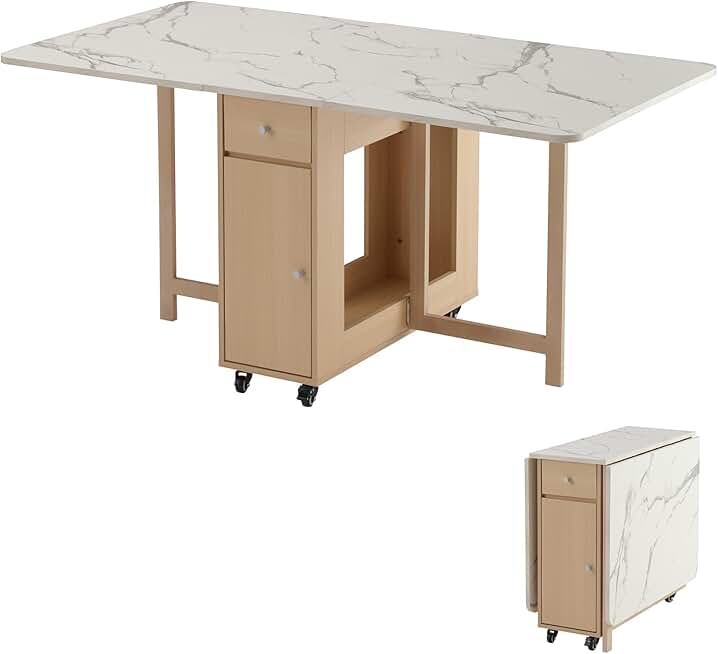 Folding Dining Table, Foldable Table for Space Saving, Drop Leaf Dining Table with 2 Drawers and 4 Wheels, Extendable Dining Table for Living Room, Kitchen, Farmhouse(Marble Wood)