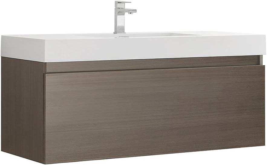 Fresca Mezzo 48 Inch Gray Oak Wall Hung Modern Bathroom Vanity - Includes Single Integrated Sink with 2 Soft-Closing Hidden Drawers - Faucet Not Included - FCB8011GO-I