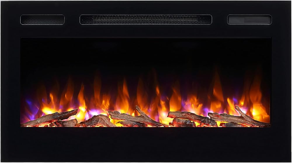 PuraFlame Alice 36 Inches Recessed Electric Fireplace, Flush Mounted for 2 X 6 Stud, Log Set & Crystal, 1500W Heater, Black