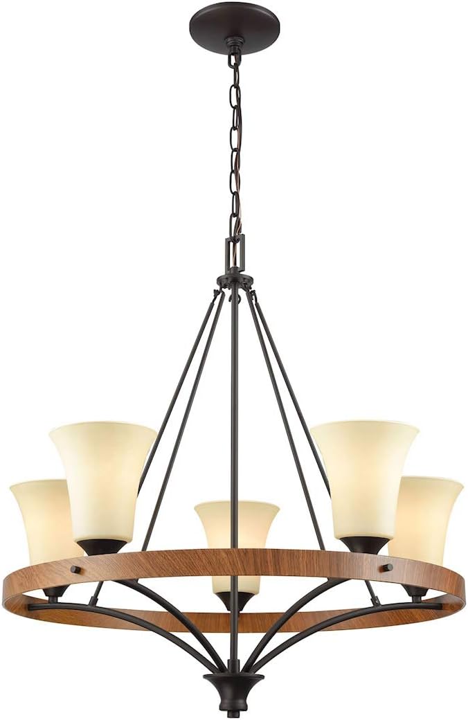 CN160521 Park City 5 Oil Rubbed Bronze, Wood Grain and Light Beige Scavo Glass Chandelier