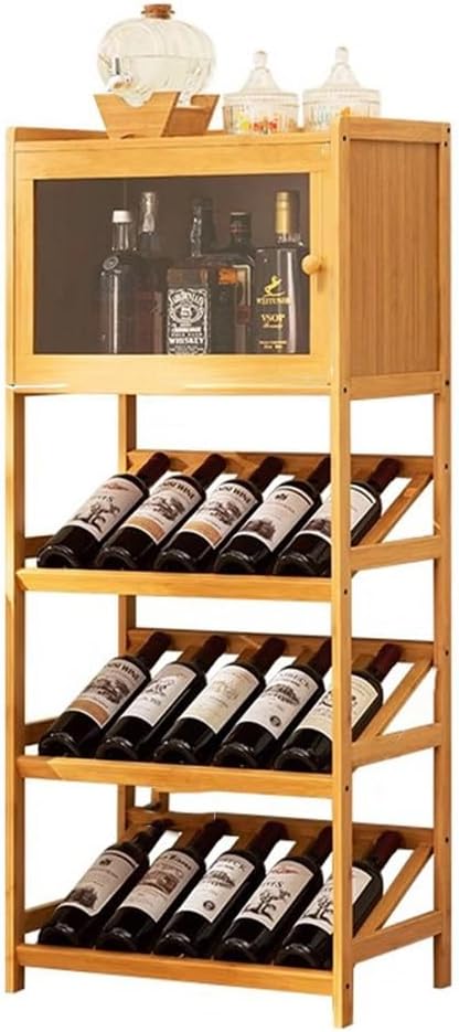 Freestanding Wine Rack, 15-Bottle Wine Display Shelf w/ 100% Bamboo Material, Glass Holder, Transparent Cabinet Door, Vertical Wine Bar Cabinet Organizer for Kitchen, Pantry, Home Bar ( Color : Primar