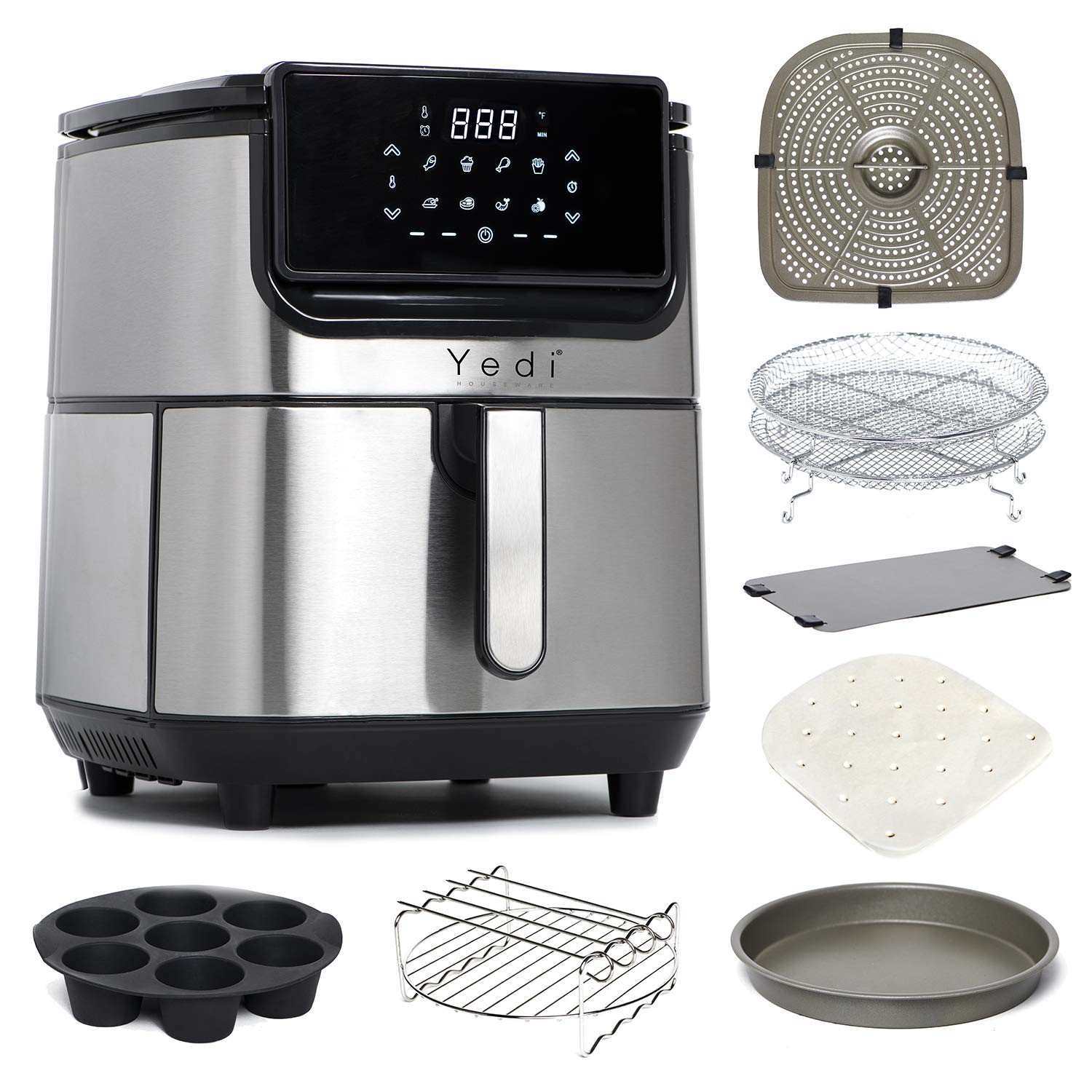 Yedi Evolution Air Fryer, 6.8 Quart, Stainless Steel, Ceramic Cooking Basket, with Deluxe Accessory Kit and Recipe Book