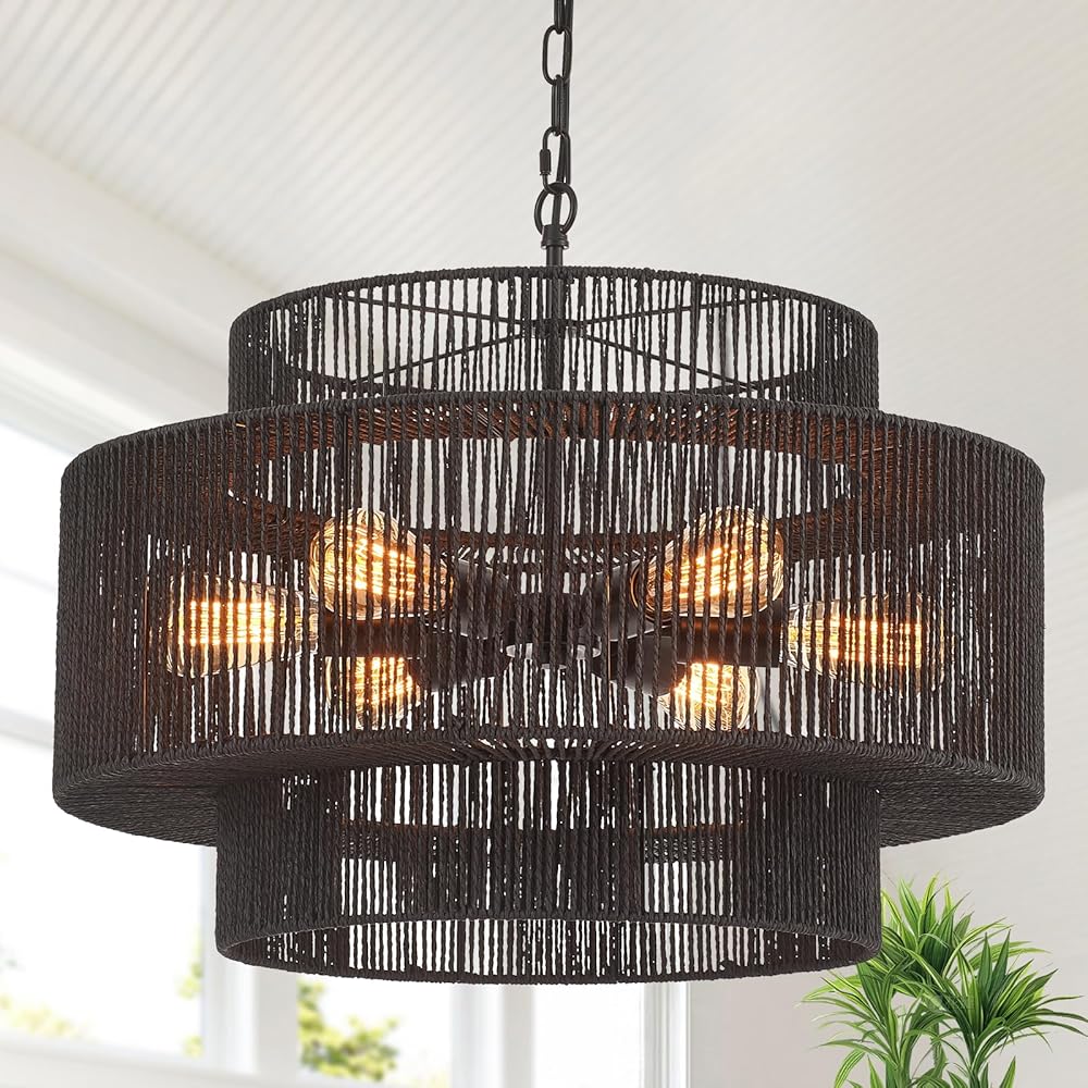 Hand-Woven Rattan Chandelier Vintage 6-Light Farmhouse Boho Bamboo Chandelier Light Fixture 23.6