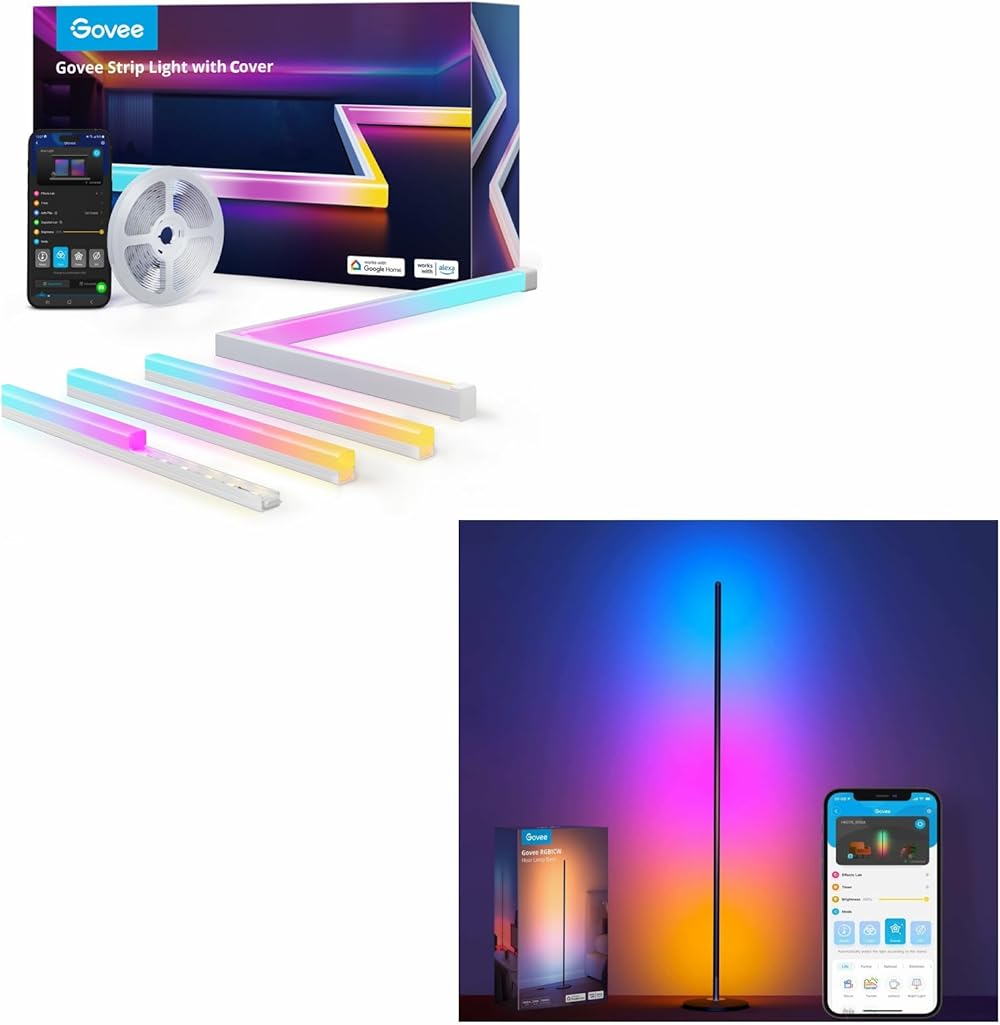Govee RGBIC Floor Lamp Bundle RGBIC LED Strip Lights 16.4ft with Covers