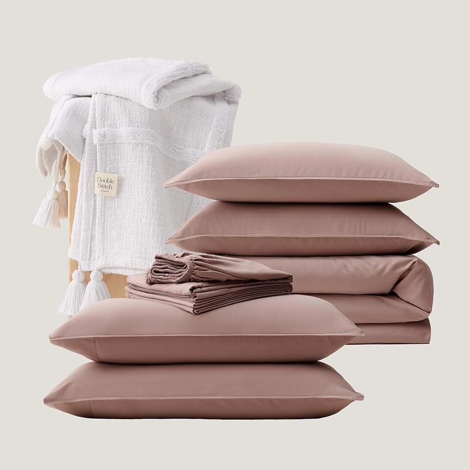 Double Stitch by Bedsure Cotton Tencel Bedding Set and Tufted Throw Blanket Bundle, 1 Queen Duvet Cover Set, 1 Queen Sheet Set, Dusty Mauve; 1 Bright White Throw Blanket 50