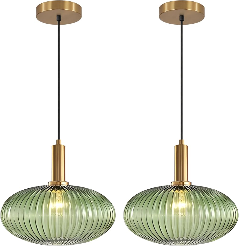 KCO Lighting Green Glass Ceiling Pendant Light Large Ribbed Glass Pendant Light Set of 2 Modern Globe Pendant Lights Kitchen Island Mid Century Single Hanging Light Fixture 2 Pack