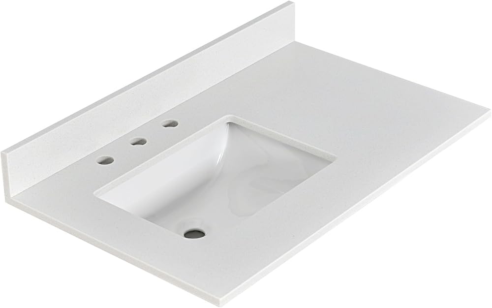 Bathroom 36'' Quartz Stone Vanity Top with Undermounted Left Ceramic Sink, 3 Pre-Drilled Hole Sink Vanity Top with 4'' Engineered Stone Backsplash for Bathroom Vanity Countertop(Not Cabinet Include)