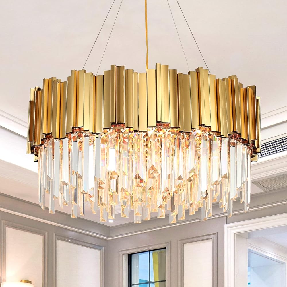 Modern Crystal Chanderliers, Gold Round Modern Chandeliers for Dining Room, 8 Lights Pendant Light Fixtures with Adjustable Height (23.6inch)…