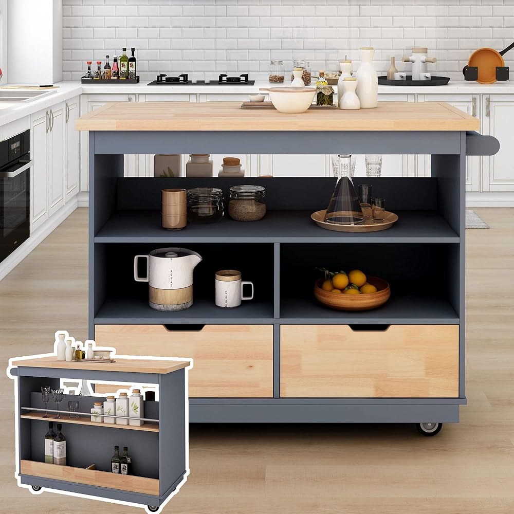Kitchen Island with Storage, Two-Sided Rolling Extended Table on Wheels w/Wood Top, Kitchen Island Cart w/Wine and Spice Rack, 2 Drawers, 3 Open Compartments for Dinning Room
