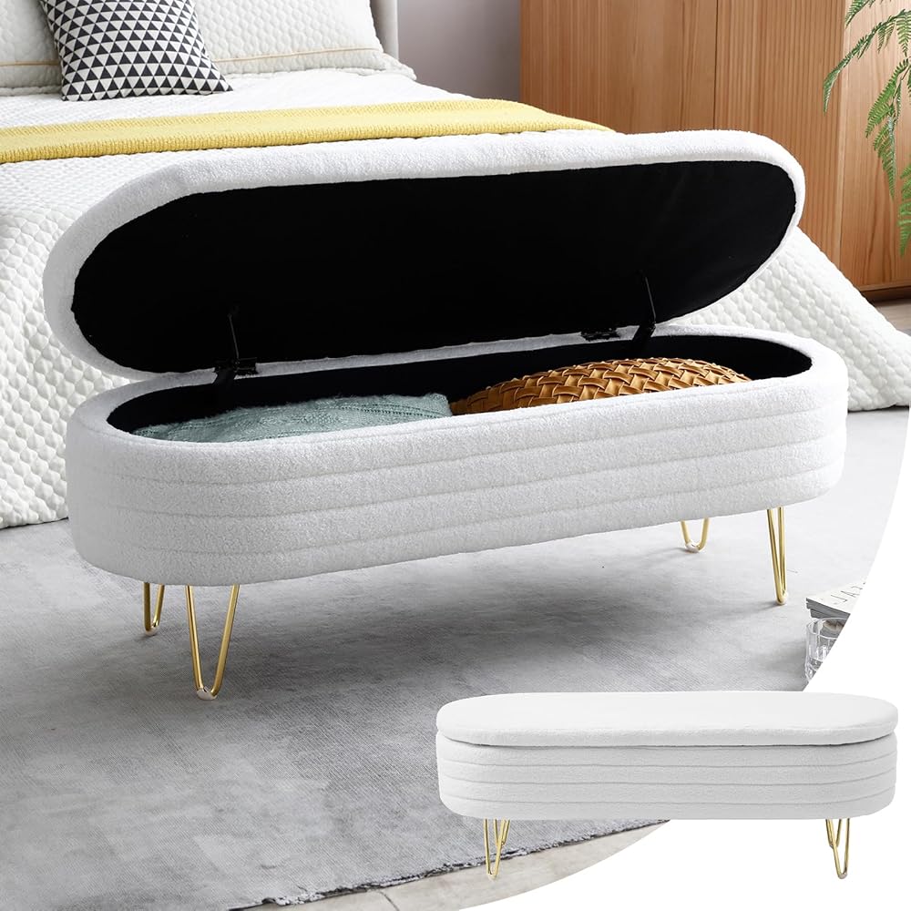 Modern Storage Bench for Bedroom Upholstered Sherpa Entryway Bench Faux Fur Ottoman End of Bed Bench with Metal Legs for Living Room/Bedroom/End of Bed/Bed Side (46.9 Inch-White)