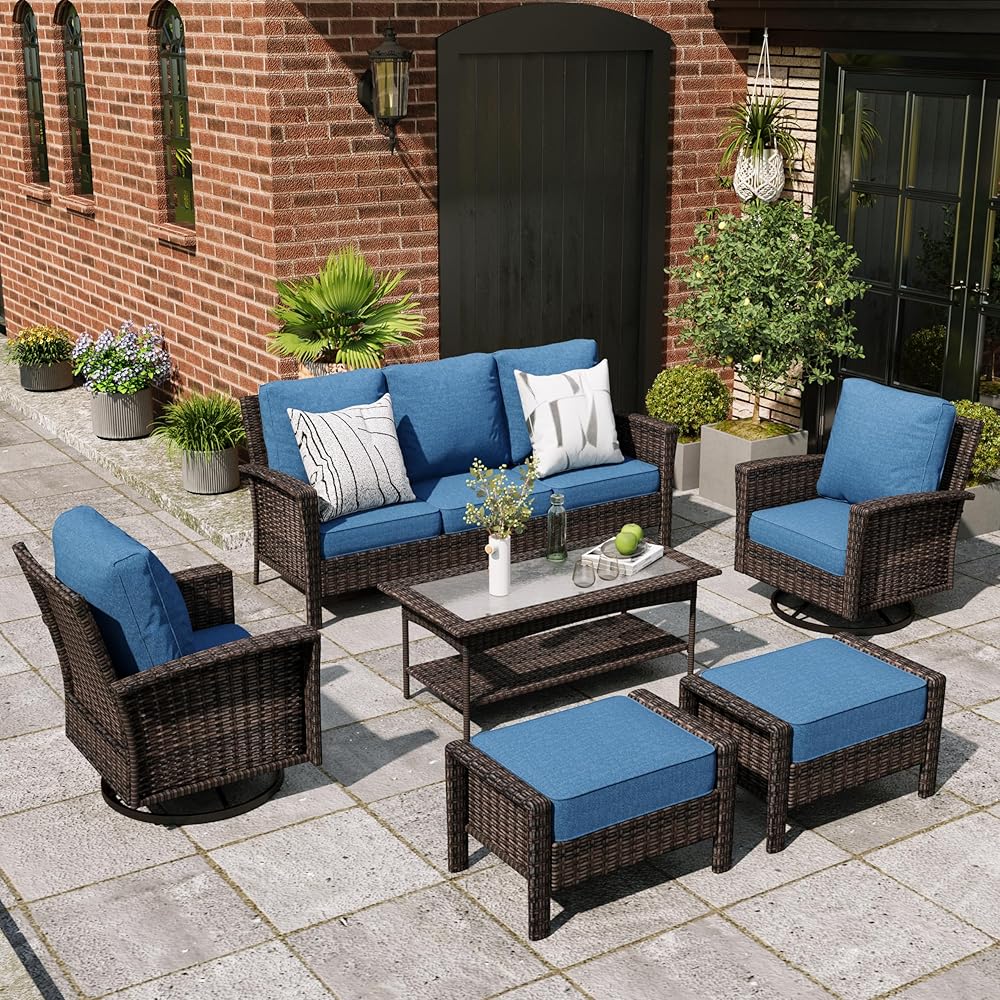 Patio Furniture Set, 6 Pcs Wicker Outdoor Conversation Set, 2 x Swivel Chair, 1 x 3-Seat Sofa, 1 x Coffee Table, 2 x Ottoman, Outdoor Sectional Patio Sofa for Garden Backyard Deck, Bule