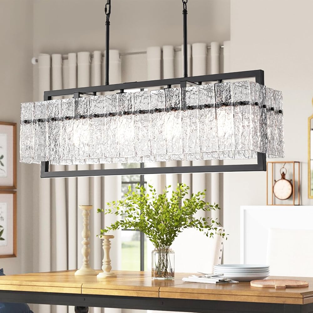 Modern Large Rectangle Chandeliers for Dining Room, 4 Lights Black Crystal Kitchen Island Lighting with Water Ripple Glass, Linear Farmhouse Pendant Light Fixture Over Table