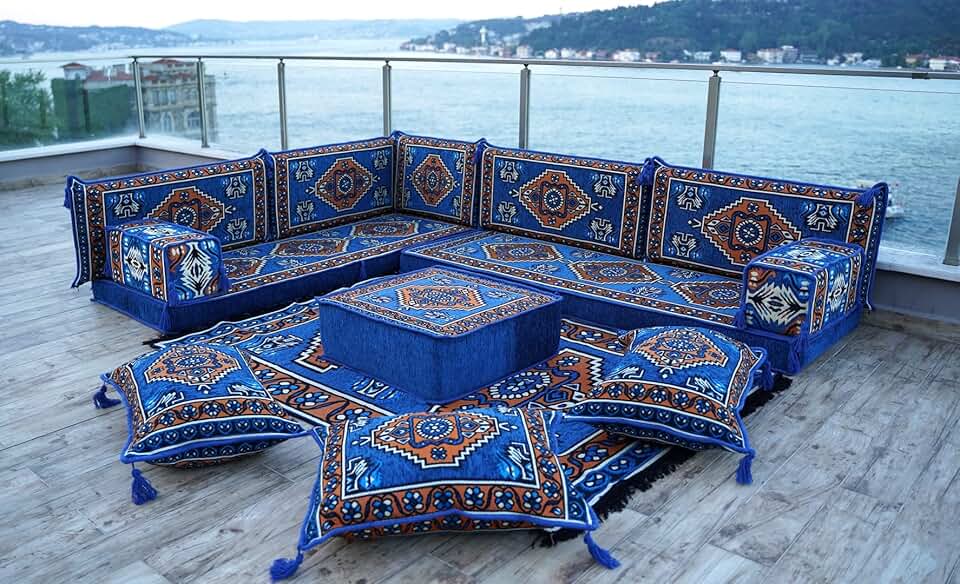 L Shaped Floor Seating Sofa Set, Sectional Sofa, Sectional Sofa, Arabic Majlis, Oriental Sofa, Moroccan Sofa, Bohemian Furniture Set (L Sofa Full Set, 4'' Thickness (10 cm))