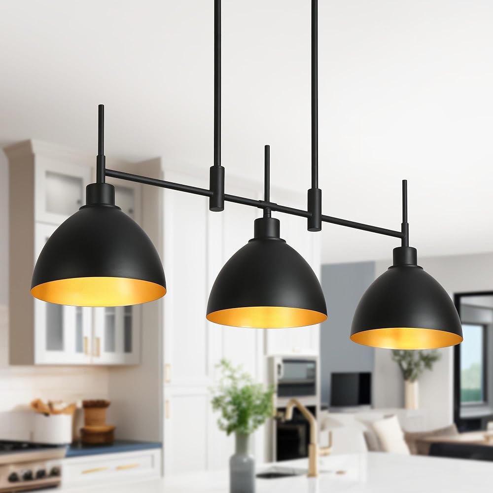 Black Chandeliers for Dining Room, Modern Farmhouse Linear Pendant Lighting for Kitchen Island, 3-Light Ceiling Fixture Hanging with Dome Metal Shade