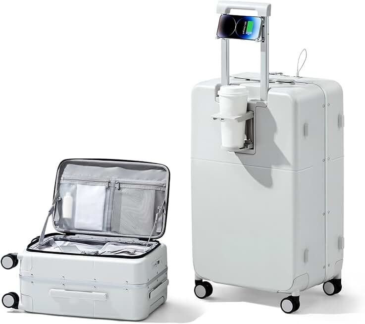 Hanke Luggage 28 Inch Large Suitcases with Wheels,Top Opening Checked Luggage Hard Case Travel Luggage with TSA Lock and Cup Holder,Smoke White