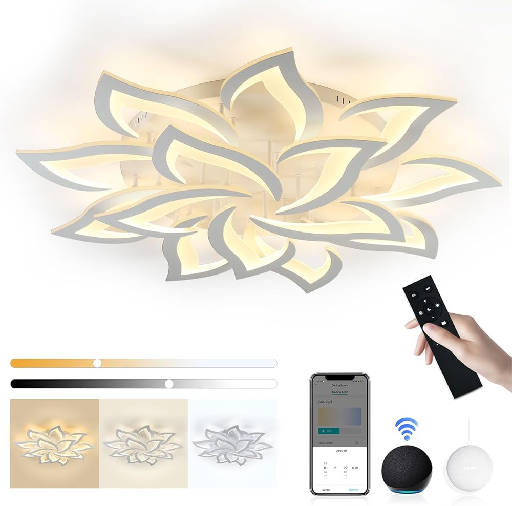 Smart Ceiling Light, Modern LED Ceiling Light Dimmable Flower Flush Mount Ceiling Light Fixture Compatible with Alexa Google Home for Home Office, (Smart) 14 Petals/130W/Ø39in