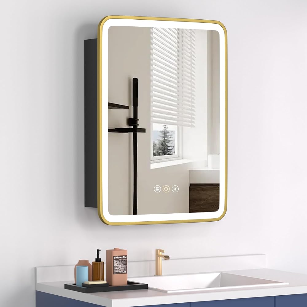 Medicine Cabinet with LED Lights and Mirror, 20W x 28H Inch Wall or Recessed Mounted Bathroom Cabinet with Right Hinge, Storage Shelf, Defogger, Memory Function, 3-Color Mode, Dimmer, Gold