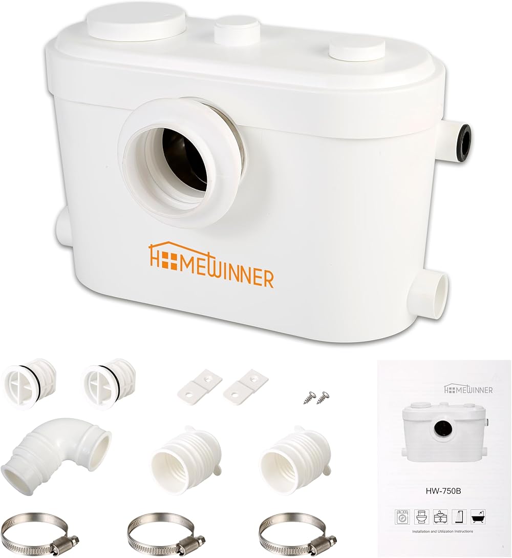 750W Macerator Pump Upgrade Power Grinder up to 37ft 44GPM 4 Inlets Upflush Toilet Sewage Pump System for Basement Full Bathroom & RV Toilets Shower Laundry Sink Sewer Sump Pumps Waste Water Disposal