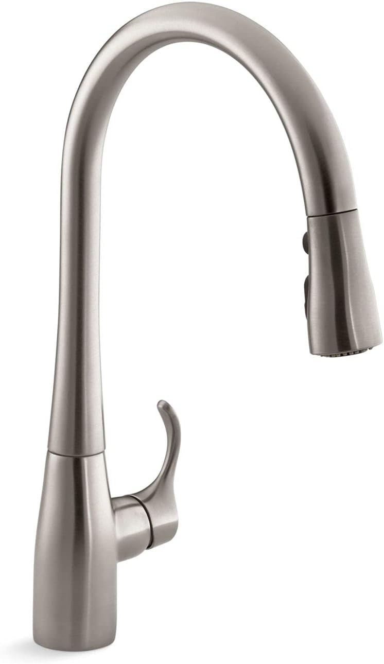 KOHLER 596-VS Simplice Pull Down Kitchen Faucet, 3-Spray Faucet, Kitchen Sink Faucet with Pull Down Sprayer, Vibrant Stainless, High Arch