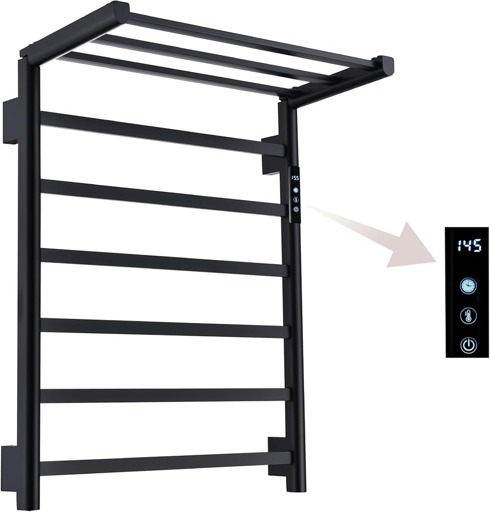 Electric Towel Warmer, Wall Mounted Towel Rack with 1-24 Hour Timer & Temperature Multi-Level Adjustable, Hardwired & Plug-in, Fast Heating (Black)