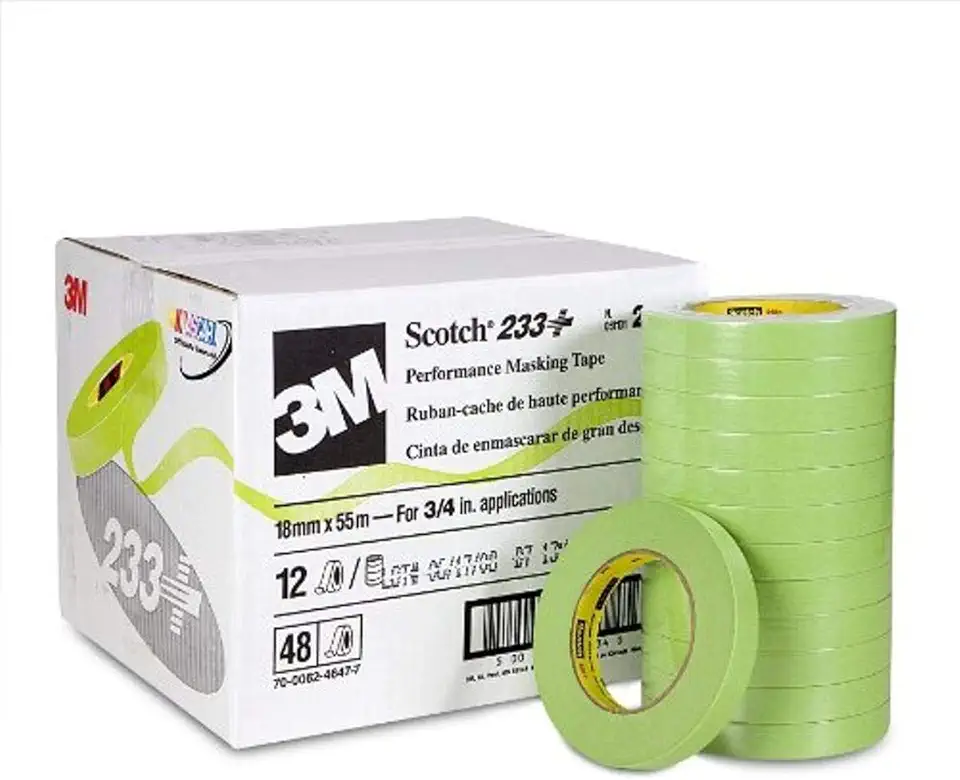 3M Scotch Performance Masking Tape 233+, 26334, Flexible, Moisture Resistant, Green Color, 18 mm x 55 mm