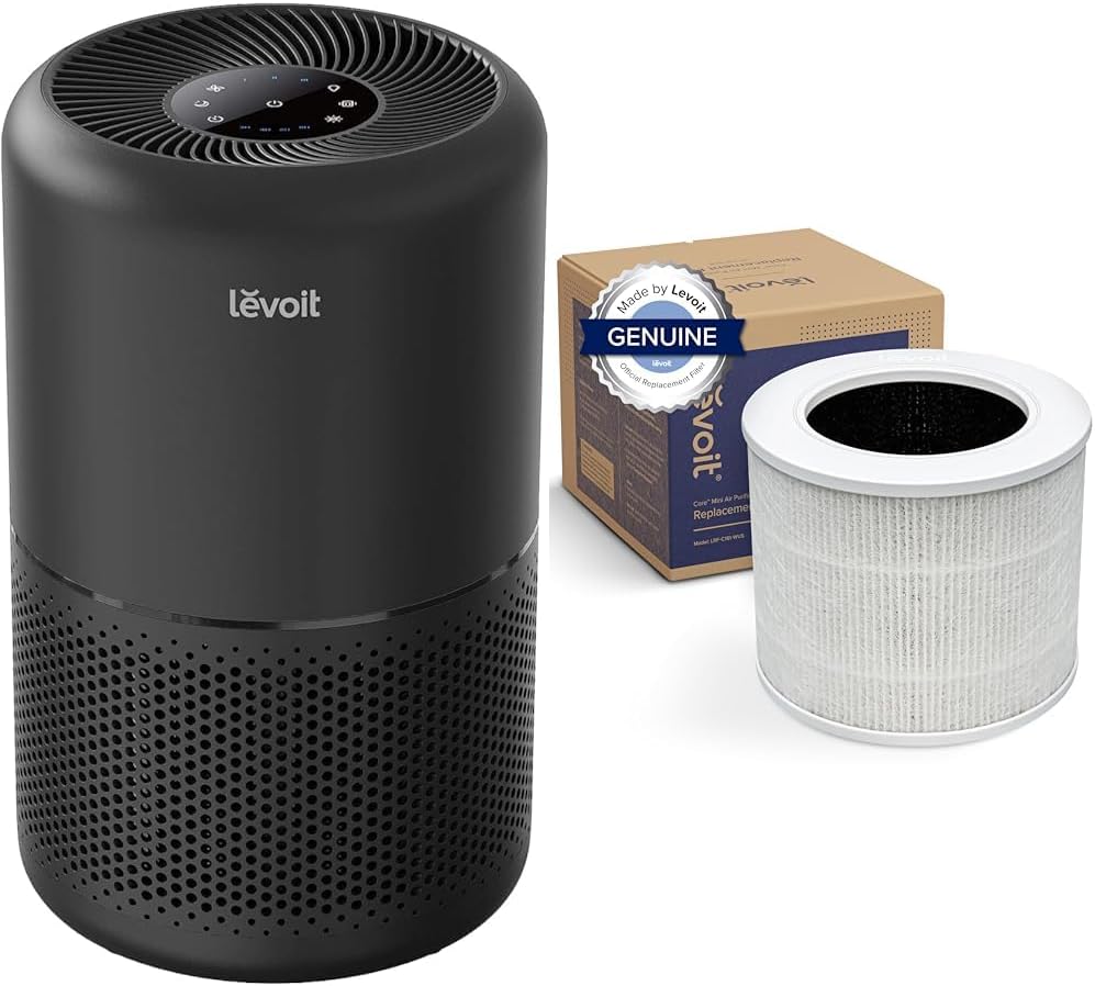 Levoit Air Purifier for Home Allergies Pets Hair 1095 Sq.Foot with 45W Motor Core300-P Black Bundle with Core Mini Air Purifier Replacement Filter 3-in-1 White