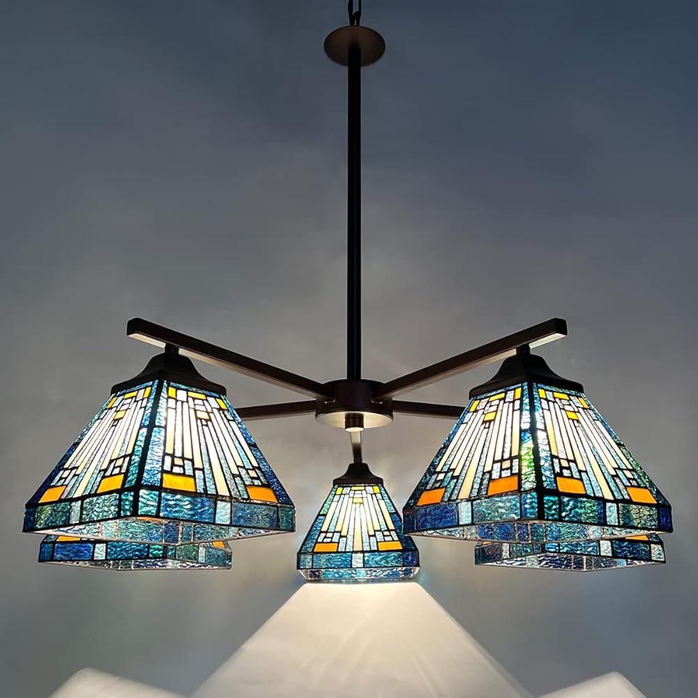 Capulina Tiffany Chandeliers Vintage Mission Blue Amber Style Stained Glass Pendant Light Fixtures 5-Light for Living Dining Room Kitchen Foyer Porch Entryway