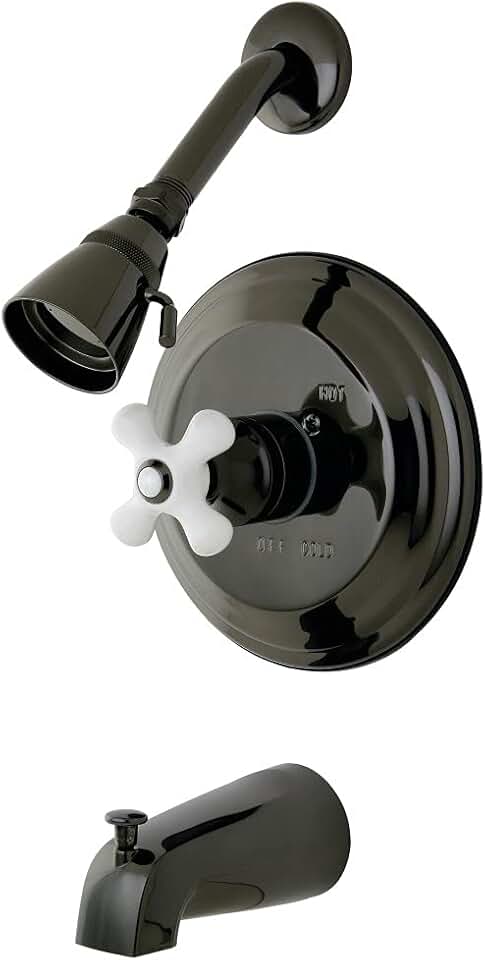 Kingston Brass NB3630PX Water Onyx Pressure Balanced Tub & Shower Faucet with Porcelain Cross Handle, Black Stainless Steel