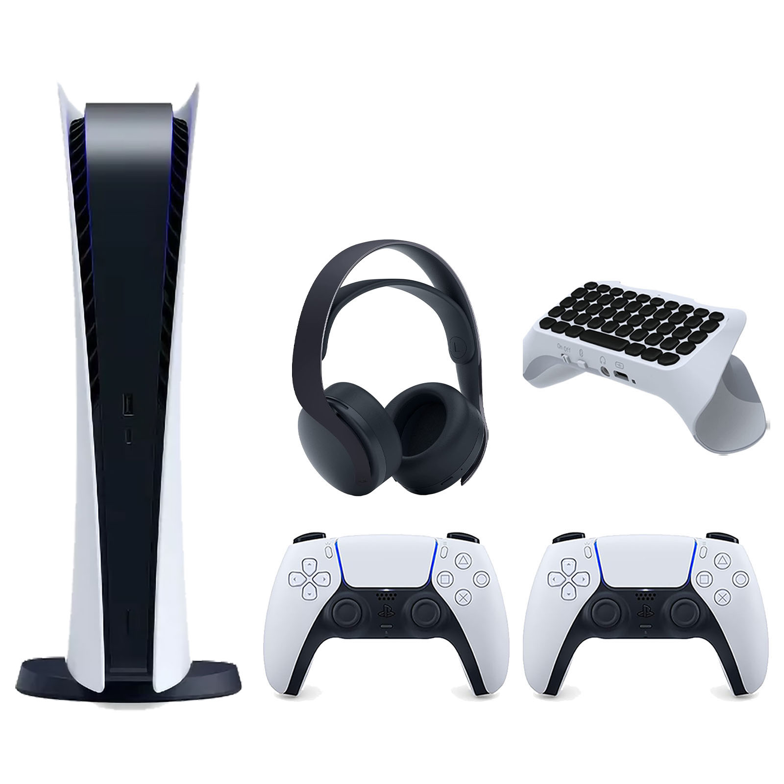 Sony Playstation 5 Digital Edition Console with Extra White Controller, Black PULSE 3D Headset and Surge QuickType 2.0 Wireless PS5 Controller Keypad Bundle