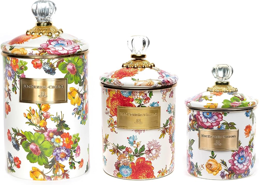 MACKENZIE-CHILDS Enamel Canister Set, Small (38 oz.), Medium (48 oz.), and Large (64 oz.) Kitchen Containers, White Flower Market