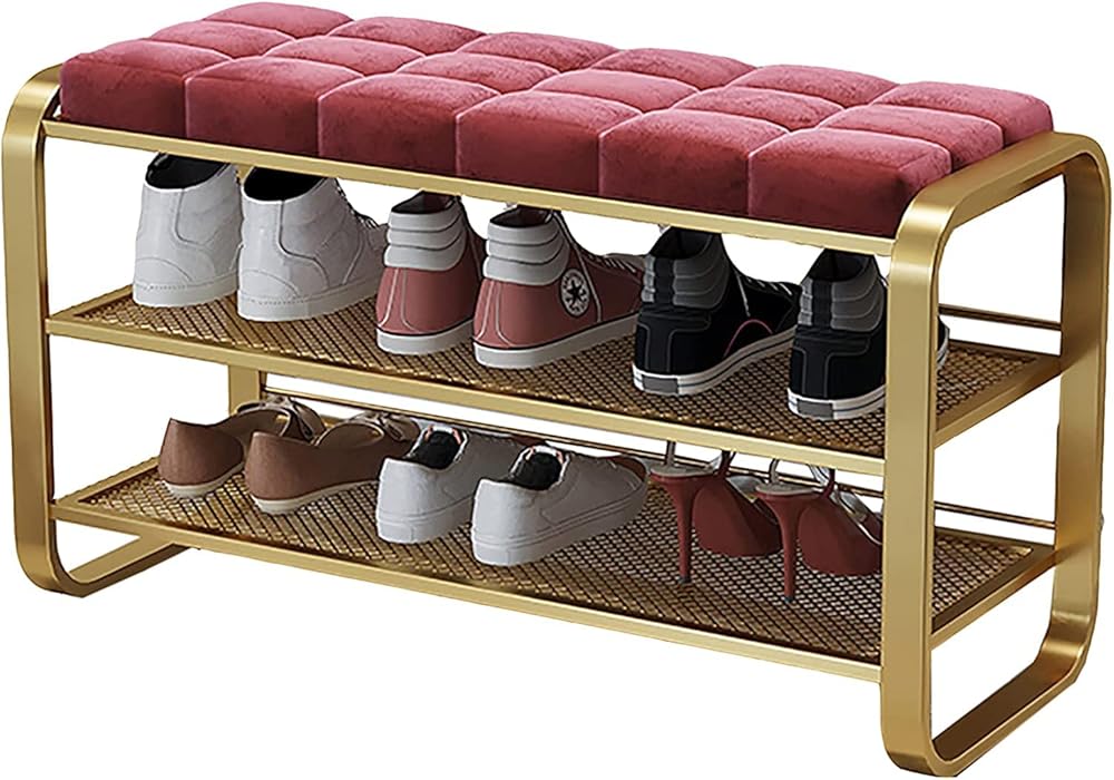 Shoe Storage Bench Entryway Hallway Furniture, 2-Tiers Storage Bench Metal Frame Shoe Rack Shelf with Padded Cushion Seat, for Closet Cloakroom Entryway Corridor(D,80 * 35 * 55 cm)