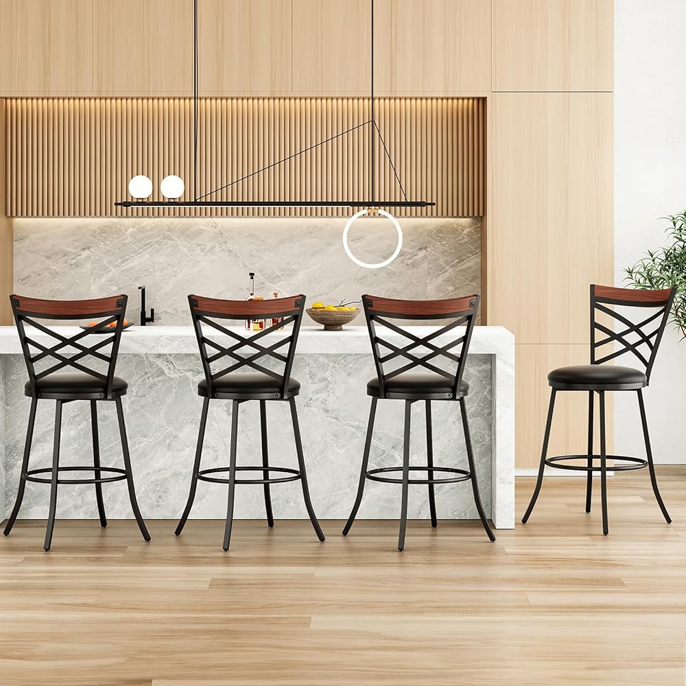 Swivel Bar Stools Set of 4,Mid Century Modern Counter Height Bar Stools,Counter Stools for Kitchen Counter Height Chairs with Back Faux Leather Barstools for Kitchen Island Bar Stools,350lb,Black