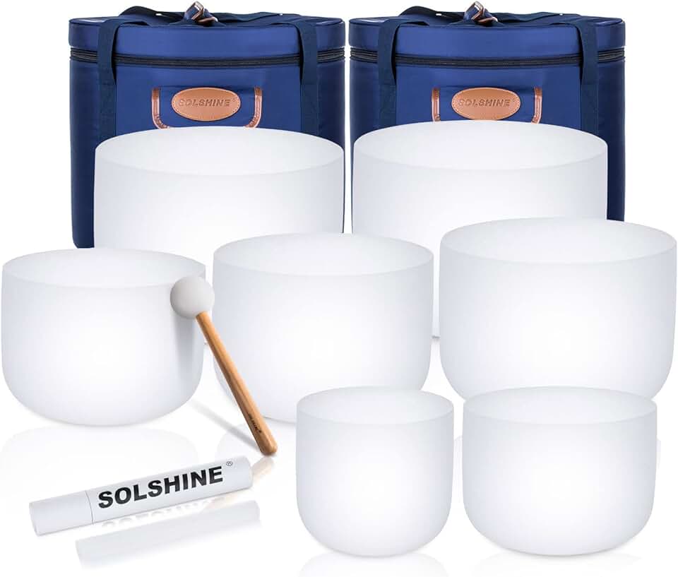 SOLSHINE 6-12 Inch Crystal Singing Bowl Set of 7 For Sound Healing With 2pcs Free Heave Duty Carring Case Crystal Mallet And O-ring Sound Repairer