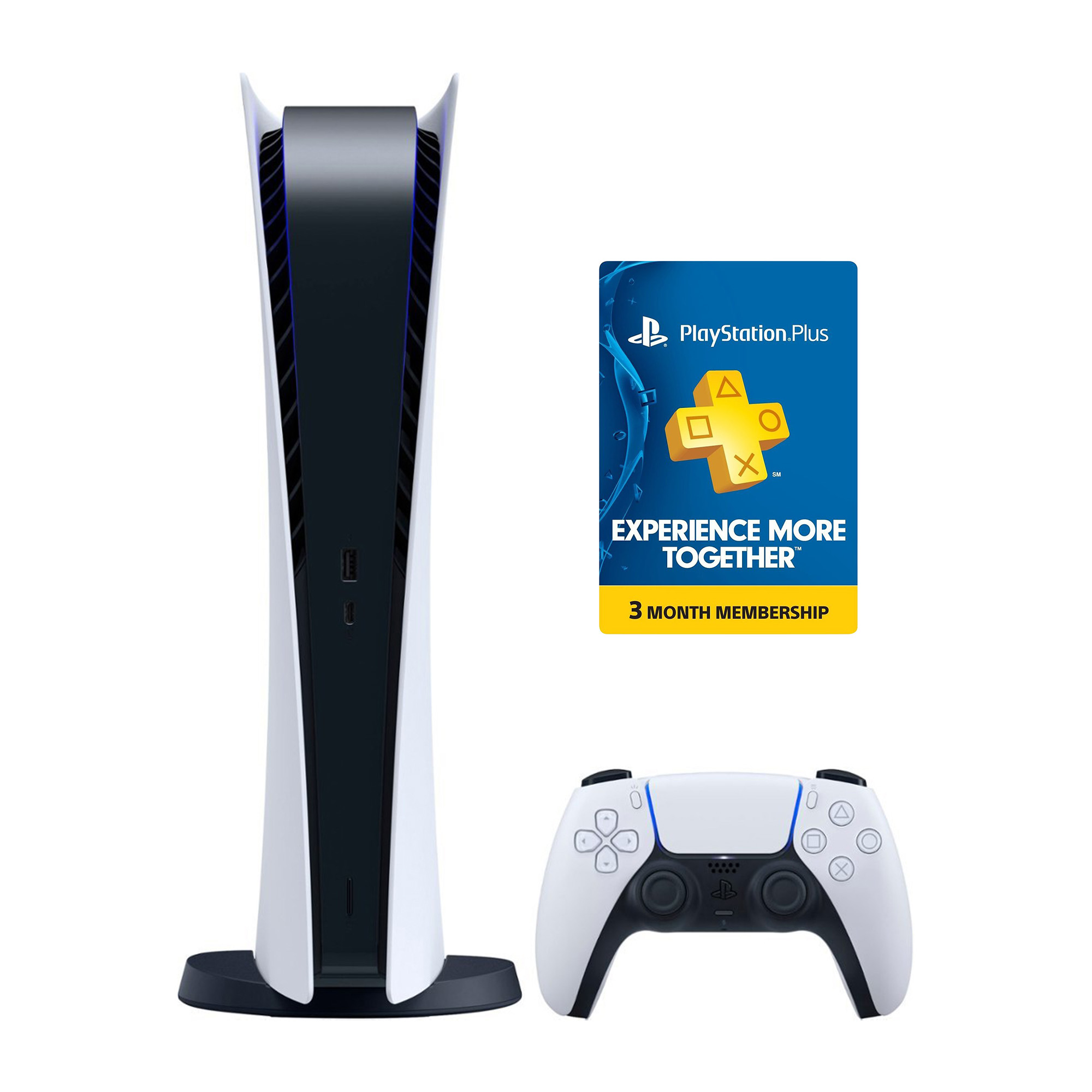 PlayStation 5 Digital PS5 - White Console with Wireless Controller - All Digital Version, 825GB SSD - With PS Plus 3 Month Membership