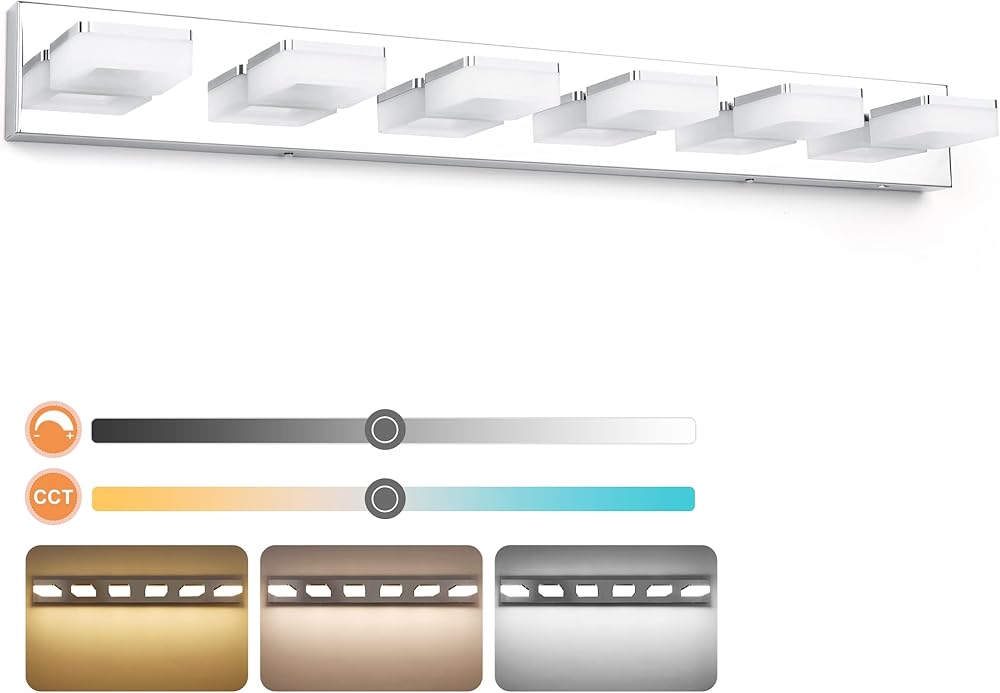 3 Colors Dimmable 6 Light Bathroom Vanity Light Fixtures LED Chrome Vanity Lights for Bathroom Acrylic Stainless Steel Bathroom Light Fixtures over Mirror, Adjustable 3000K/4000K/6000K, 360° Rotate