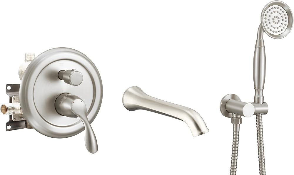 DASAN Antique Wall Mount Tub Filler Faucet with Hand Held Shower, Brushed Nickel Bathtub Faucet with Sprayer Wall Mounted Roman Bath Tub Faucet Set with High Flow Rough in Valve, AT201TF-BN