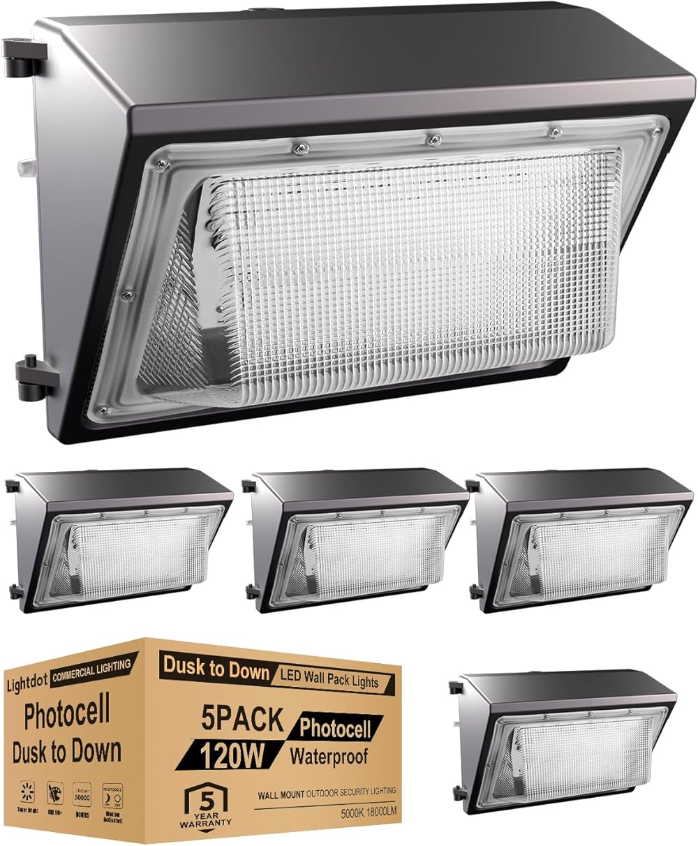 5Pack 120W LED Wall Pack Lights, 100-277v Dusk to Dawn with Photocell, 18000Lm 5000K Daylight IP65 Waterproof Wall Mount Outdoor Security Lighting Fixture, Energy Saving