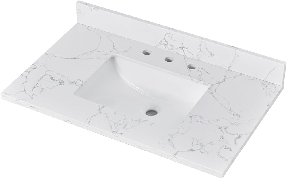 36 Inch Engineered Stone Vanity Sink Top, Vanity Top with Undermount Rectangular Middle Sink, Vanity Countertop with 8 inch Faucet Hole Spacing and Backsplash,Calacatta Pearl