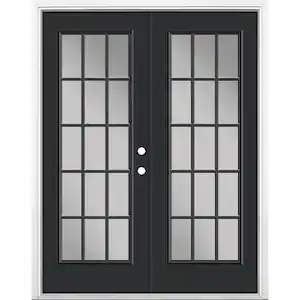 Masonite 60 in. x 80 in. Jet Black Steel Prehung Left-Hand Inswing 15-Lite Clear Glass Patio Door in Vinyl Frame with Brickmold