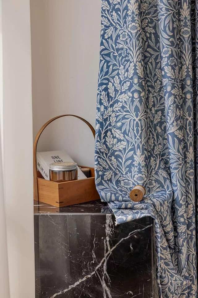 Linen Farmhouse Curtains for Living Room 84 Inch Length Floral Print Window Curtains Semi Blackout Drapes for Bedroom Country Curtains 1 Panel White on Blue (Pinch Pleated Curtains, 72