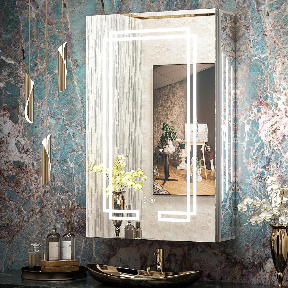 TokeShimi Lighted Medicine Cabinet 20x32 Inch, Bathroom Mirror with Storage, LED Mirror with 3 Colors Stepless Dimming, CRI 80+ Anti-Fog, Memory Funtion, Wall Mount Make up Mirror for Bathroom Décor