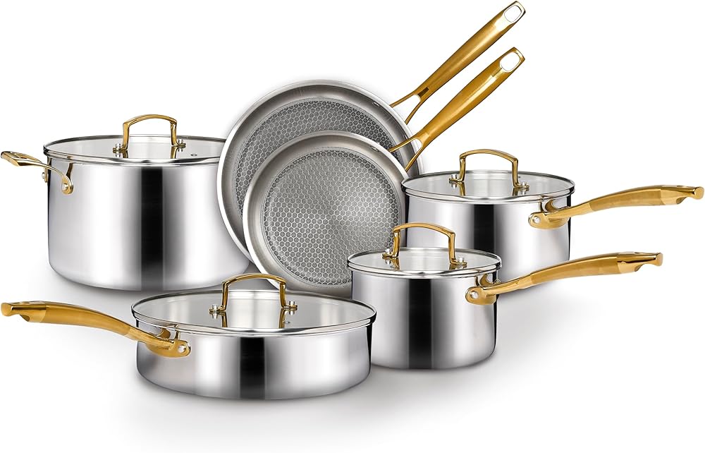Country Kitchen Cookware Sets - 10 Pc. Pots and Pans Set, Tri-Ply Stainless Steel Mirror Polish Finish, Induction Compatible, Tri Ply Nonstick Coated Frying Pans (Stainless Steel)