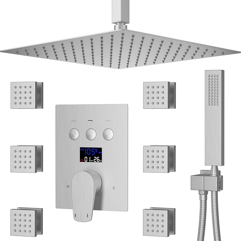 Brushed Nickel Rain Shower System with Body Jet 12 inch Shower Faucet Set Ceiling Full Body Shower System Shower Fixtures with Temperature Digital Display Shower Valve with Trim and Diverter