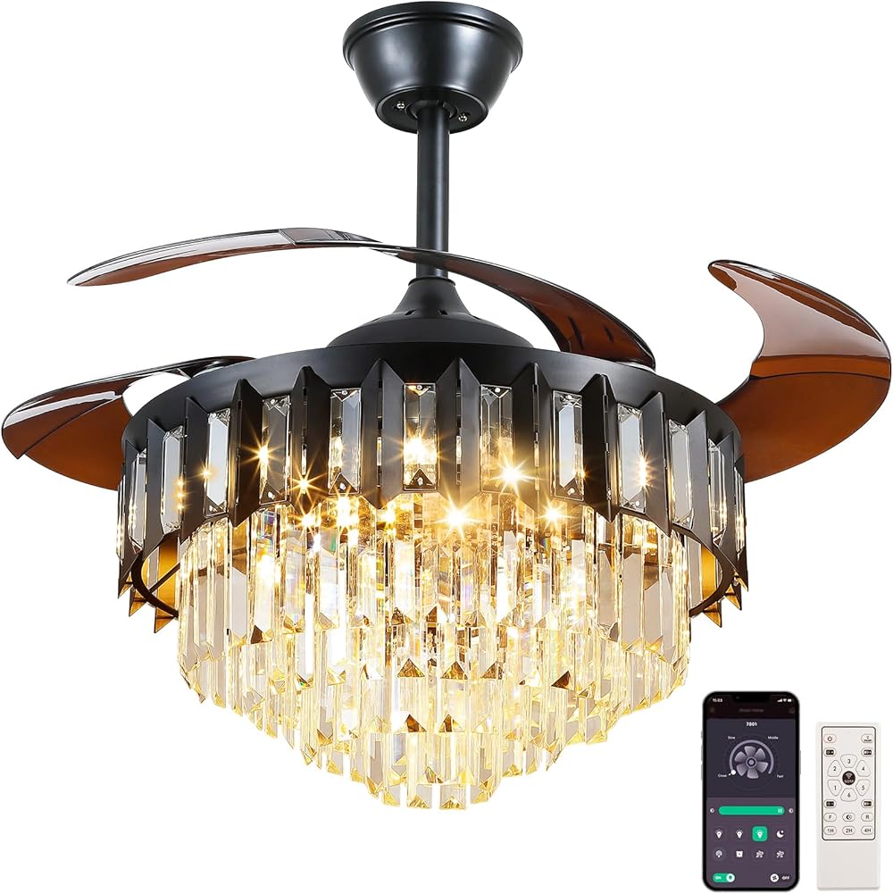 Asyko Crystal Retractable Chandelier Ceiling Fan, Retractable Ceiling Fans with Lights Remote, Dimmable with Memory Function,Crystal Fandelier Ceiling Fans for Living Room, Bedroom, Dining Room (42