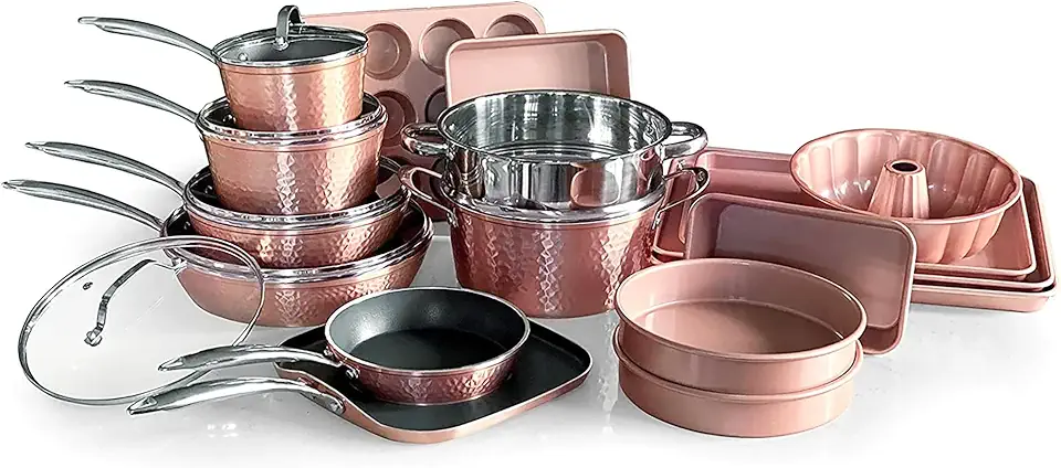 Luxurious Non-Stick Ceramic 22 Piece Rose Gold Cookware Set with Glass Lids, Lightweight, Scratch-Resistant, Dishwasher Safe, Oven Safe up to 500°F, Suitable for All Stove Types