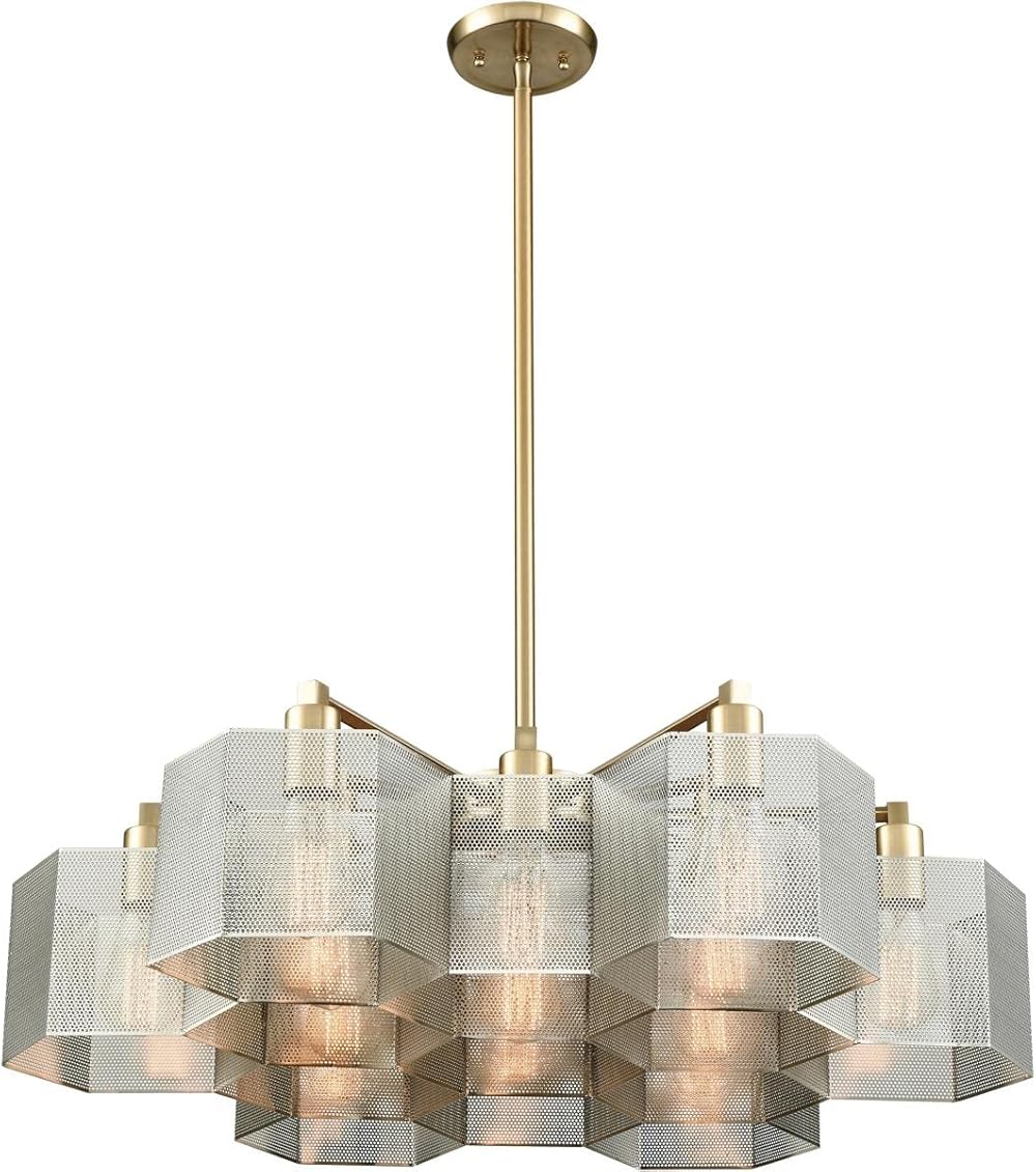 Compartir 13-Light Chandelier - in Satin Brass Finish, with Polished Nickel Perforated Metal Shade, Modern/Contemporary Style