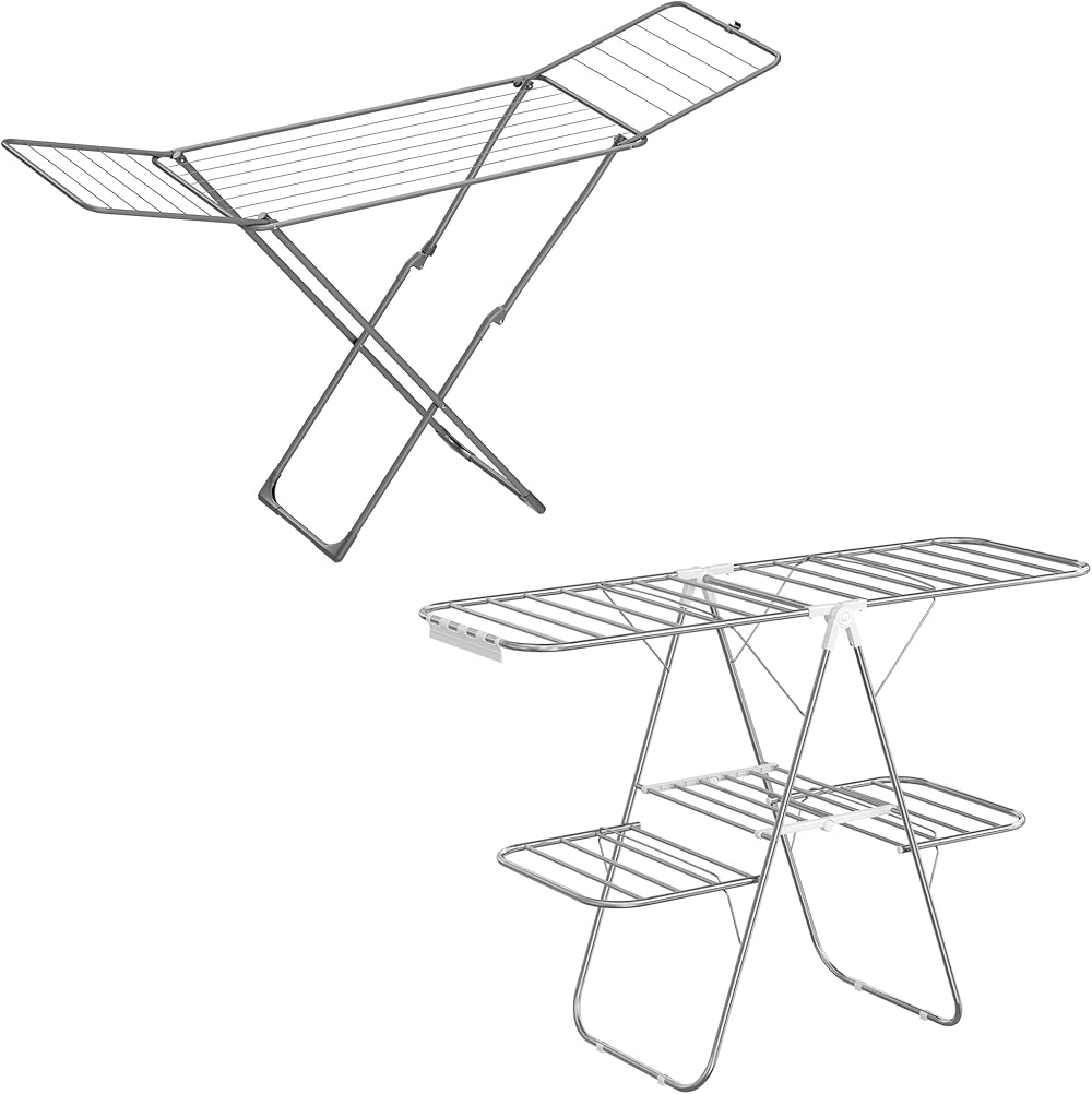 SONGMICS Two-Level Clothes Drying Rack and Metal Clothes Drying Rack Bundle, Foldable Laundry Drying Rack, Laundry Drying Rack with Gullwings, Silver, White and Gray ULLR053W01 and ULLR540G01