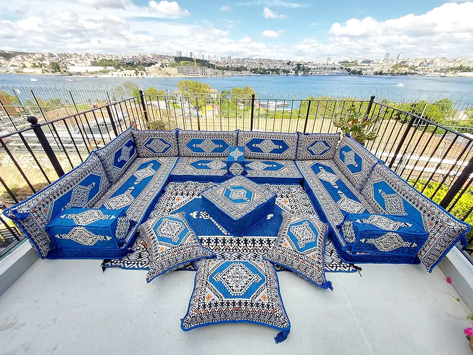 U Shaped Arabic Sofa Set, Terrace Pallet Sofa, Royal Blue Sectional Sofas, Floor Cushions, Arabic Majlis, Pouffs Turkish Floor Seating Set (U Sofa Full Set)