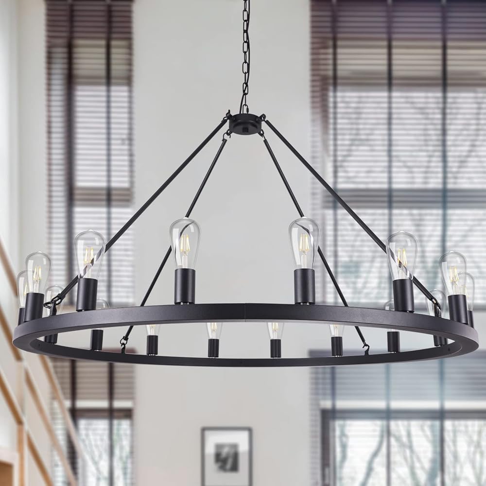 Matte Black Wagon Wheel Chandelier 16-Light Diam 47 inch, Farmhouse Rustic Industrial Country Style Extra Large Round Pendant Light Fixture for Dining Room, Living Room