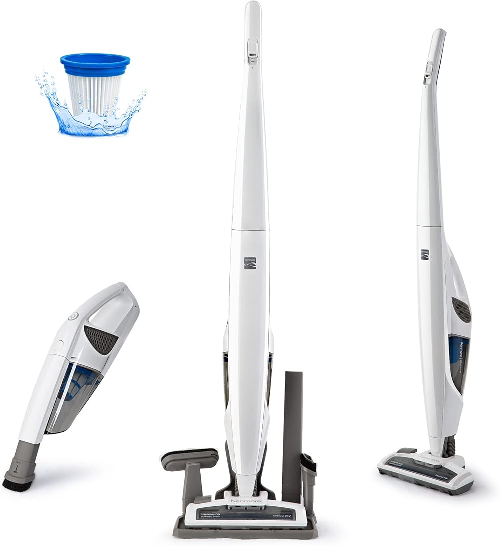 Kenmore DS1030 Cordless Stick Vacuum Lightweight Cleaner 2-Speed Power Suction LED Headlight 2-in-1 Handheld for Hardwood Floor, Carpet & Pet Hair, 0.5L, White